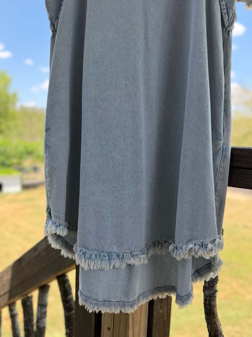 Umgee Women's Light Wash Denim High-Low Tunic Dress with Frayed Hem and Pockets - Picture 3 of 6